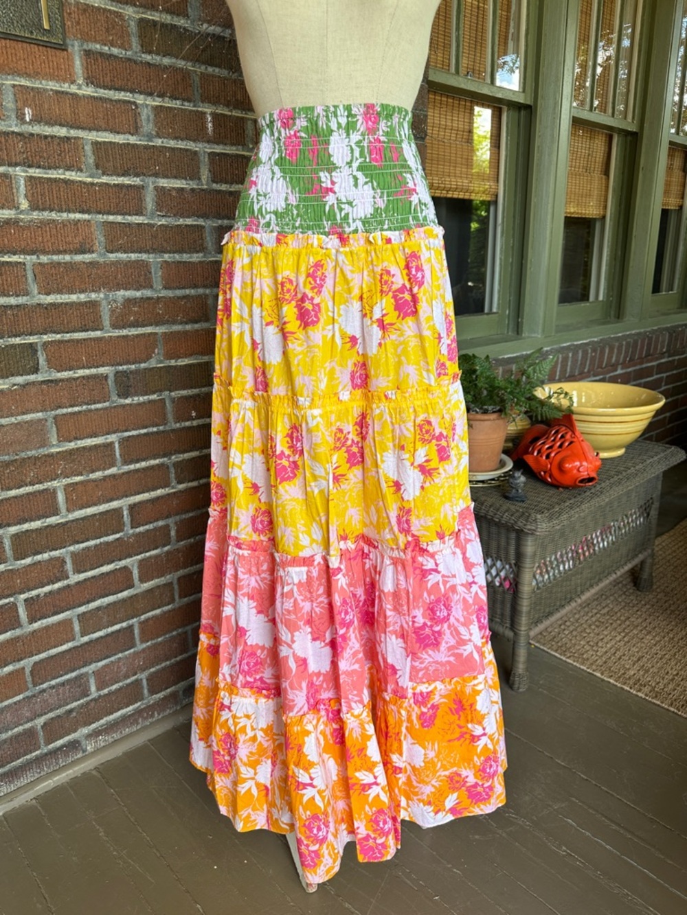 Playa Lucila patchwork floral print tiered  convertible maxi skirt/dress. Sz XS